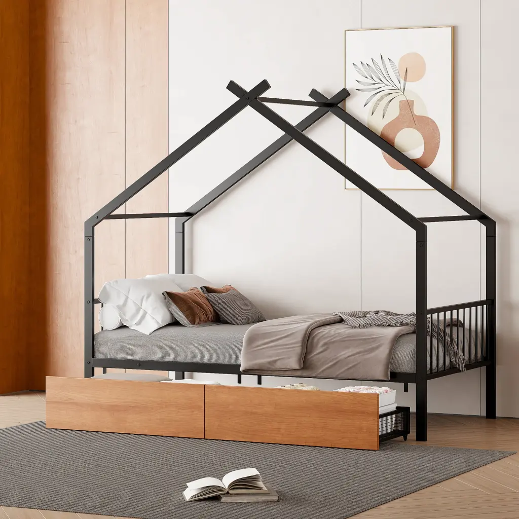 Twin Metal Houtilize Bed Two Drawers Black Twin Black Metal Bed lucky world