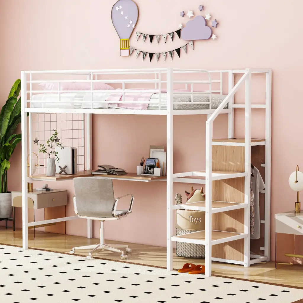Twin Dimensions Metallic Loft Bed Desk And Metallic Grid Chic Metallic Frame Space Saving Bedroom Furniture lucky world