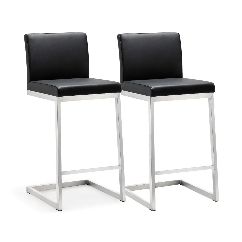 Parma Black Performance Vegan Leather and Stainless Steel Counter Stool - Set 2