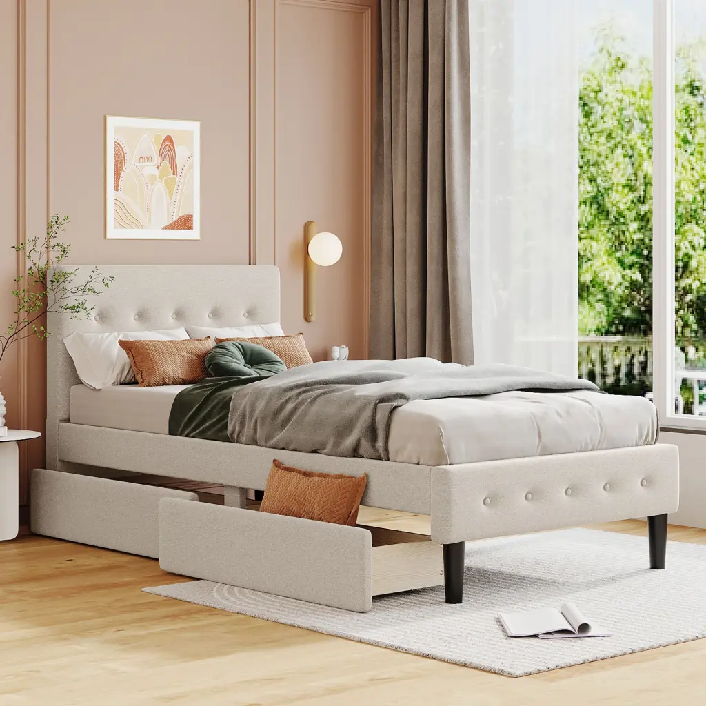 Twin Upholstered Platform Bed 2 Drawers Beige Fabric Headboard lucky furniture