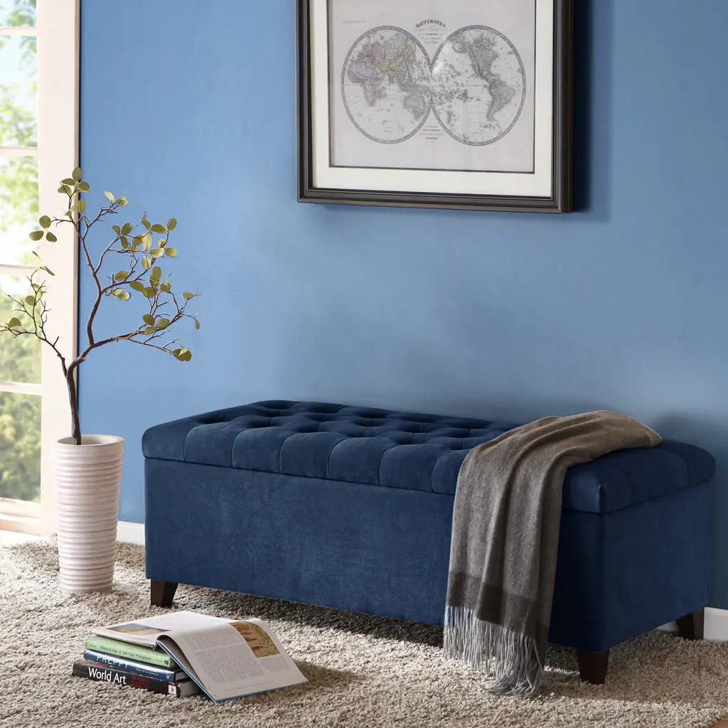 Tufted Top Soft Close Storage Bench Navy Polyester Bedroom or Entryway jla