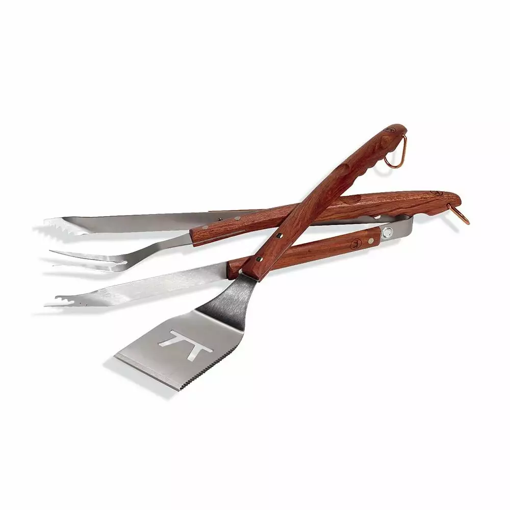 Outset QB00 Rosewood Stainless Steel 3-Piece BBQ Set Spatula Fork Tongs Outdoor Grilling