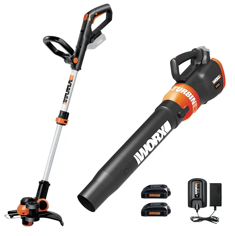 Cordless Handheld Worx WG929 Series Trimmer and Turbine Blower Combo Kit, Battery Included, 20 V, Lithium-Ion