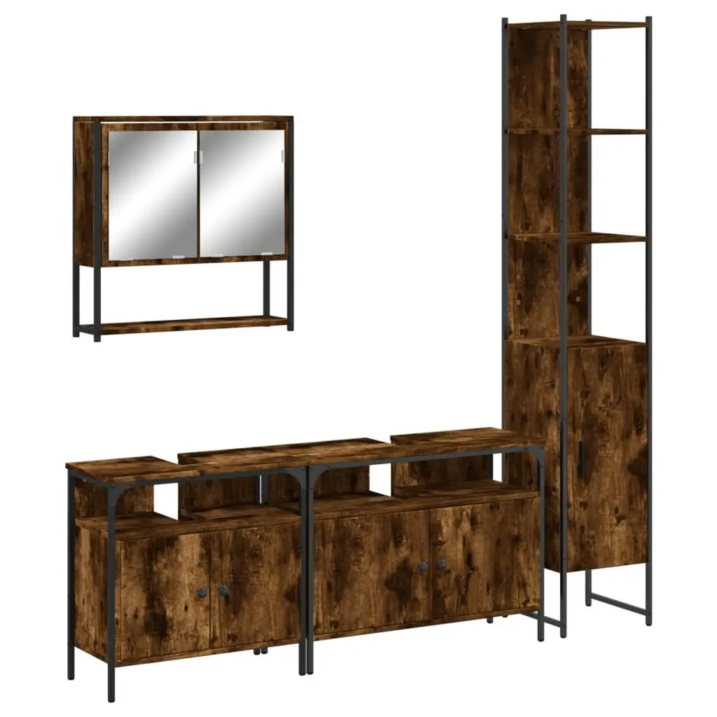 4 Piece Bathroom Furniture Set Smoked Oak Engineered Wood Storage