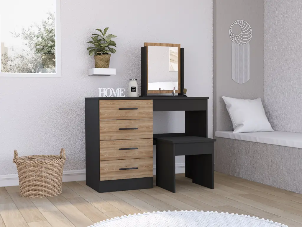 Kaia Cosmetics Vanity Four Drawers, Mirror, and Stool Black Pine rta mubles colombia