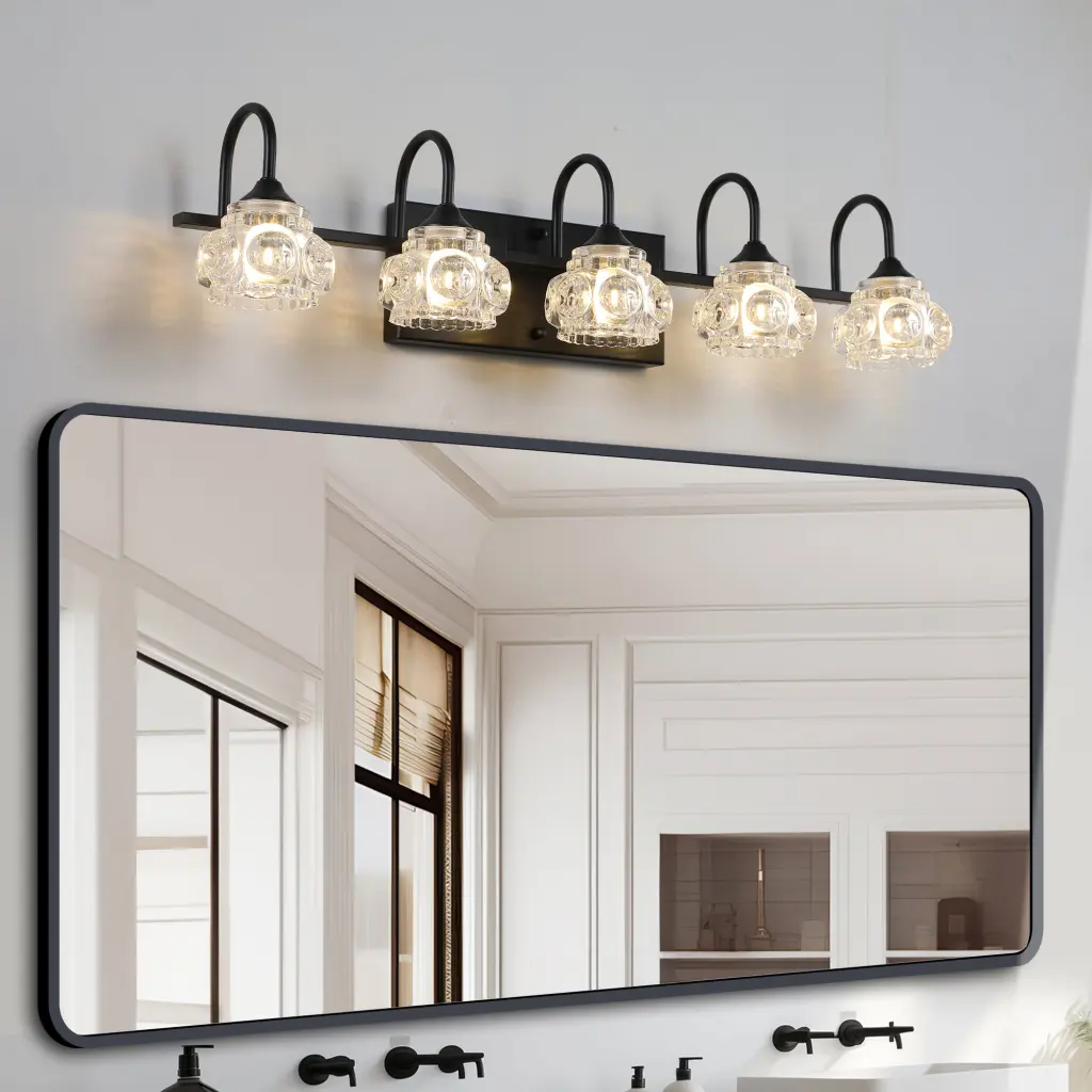 Retro 5 Light Bathroom Vanity Light Fixture Black Finish Glass Shades lighting commune