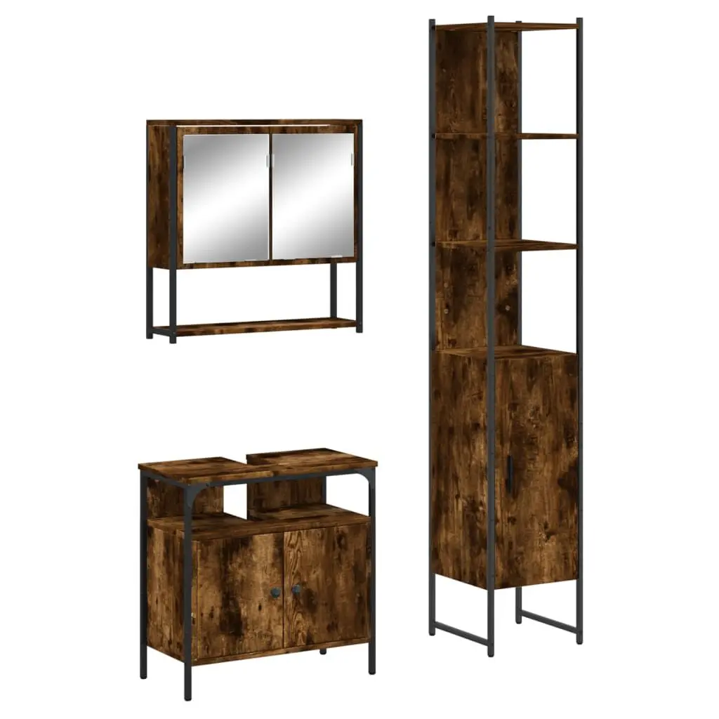 3 Piece Bathroom Furniture Set Smoked Oak Engineered Wood Vanity Set