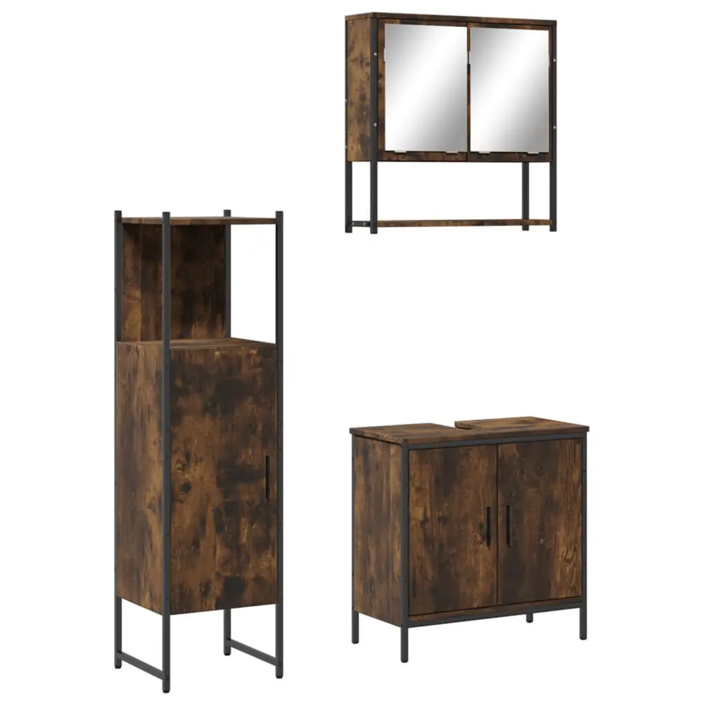 3 Piece Bathroom Furniture Set Smoked Oak Engineered Wood Vanity Set