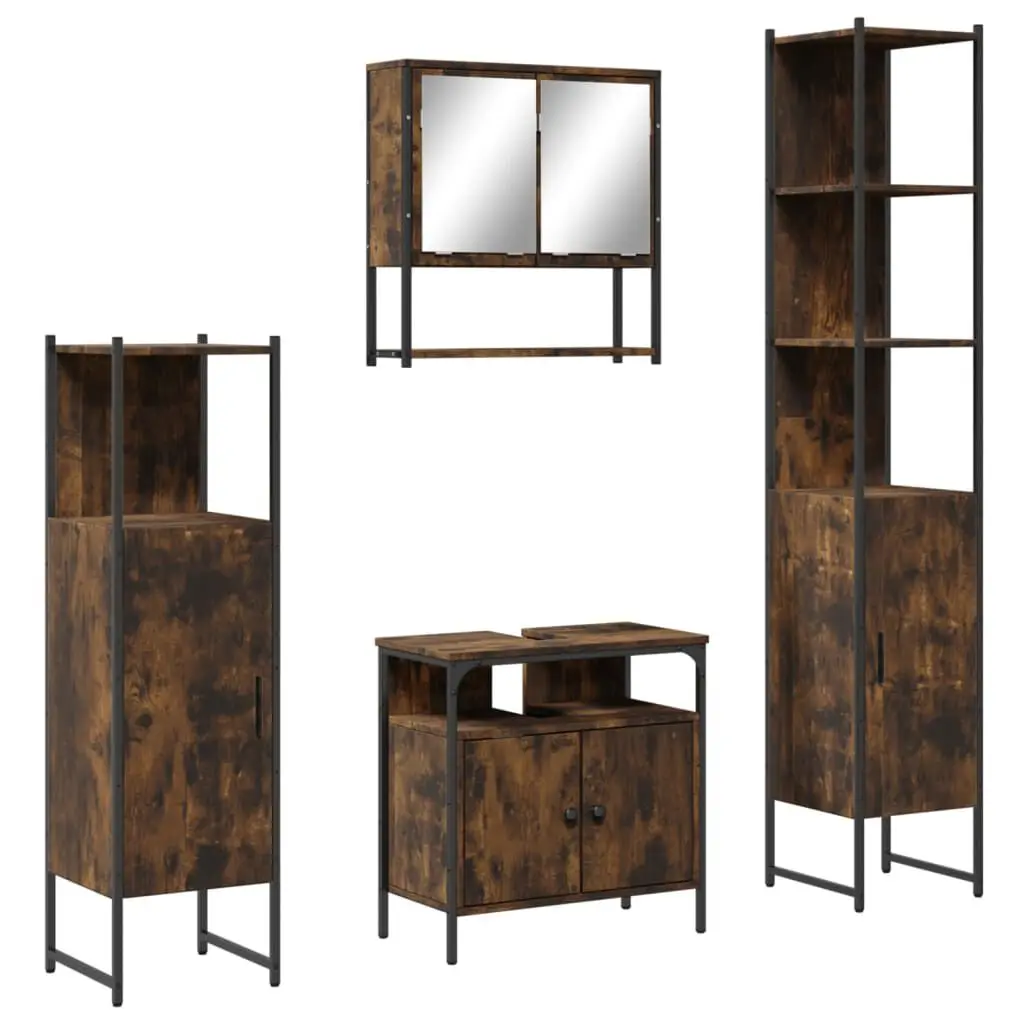 4 Piece Bathroom Furniture Set Smoked Oak Engineered Wood Storage