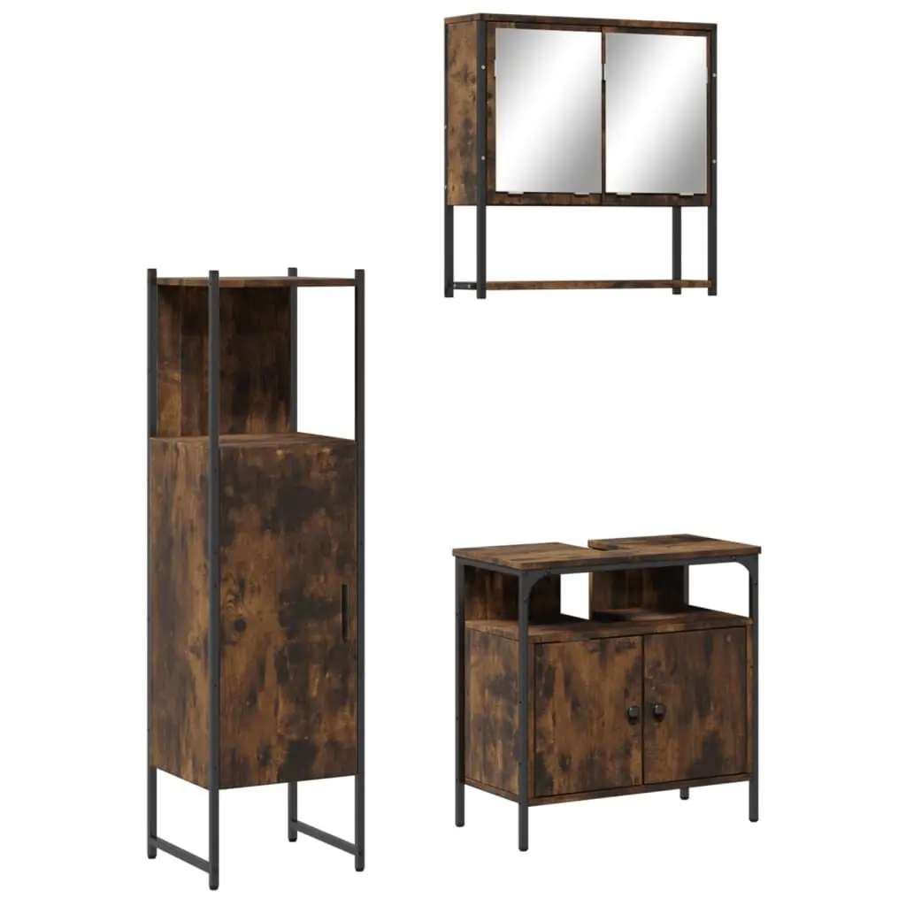 3 Piece Bathroom Furniture Set Smoked Oak Engineered Wood Vanity