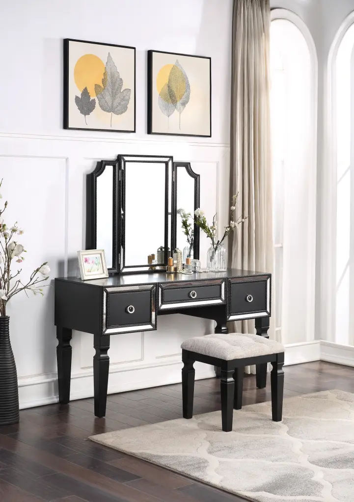 Opulent Majestic Timeless Black Vanity Set Stool 3 Storage Drawers Modern Dressing Table kanepe