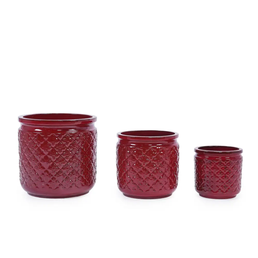 3 Pieces Ceramic Flowerpot, Planter Patio & Garden Or Windowsills - Bean Paste Red