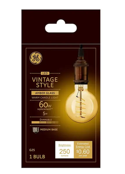GE 36528 G25 Vintage Spiral Filament LED Light Bulb 5 Watts Edison Style Dimmable Decorative Lighting