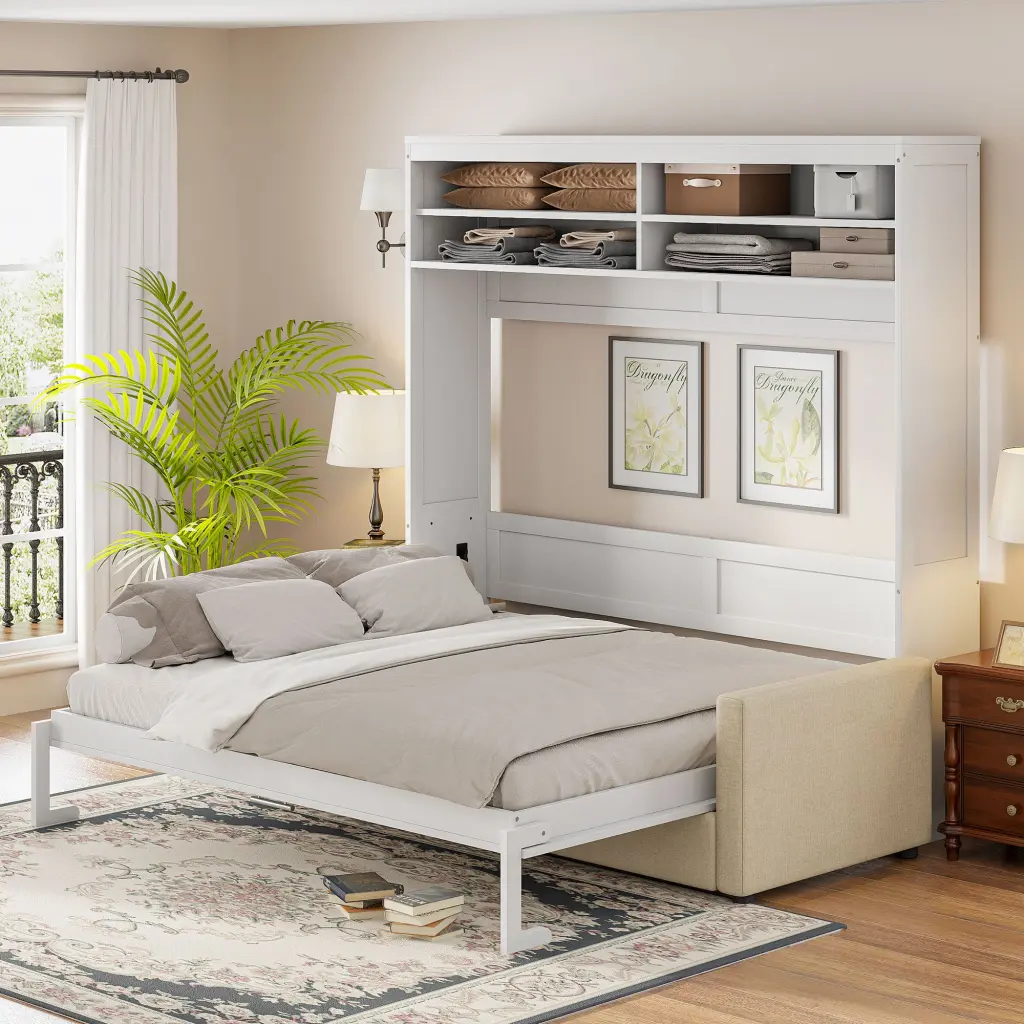 Queen Dimensions Murphy Bed Wall Bed Sofa White MDF LVL Space Saving lucky furniture