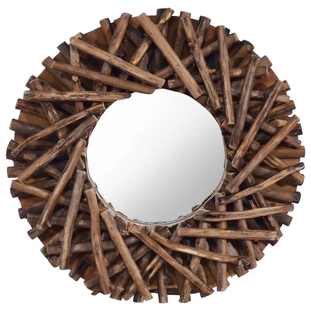 15.7 Inch Round Teak Wood Wall Mirror Decorative Home Decor