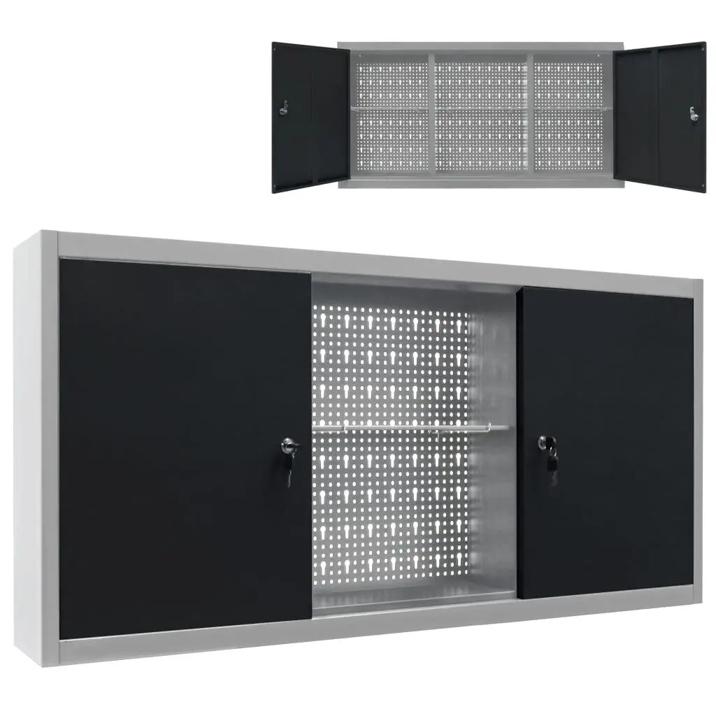 Wall Mounted Tool Cabinet Industrial Style Metal Gray and Black Storage