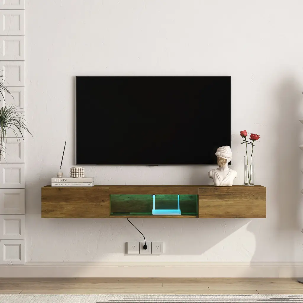 Floating TV Stand Wall Mounted TV Shelf LED Lights Power Outlet Modern Entertainment Center dasenwood