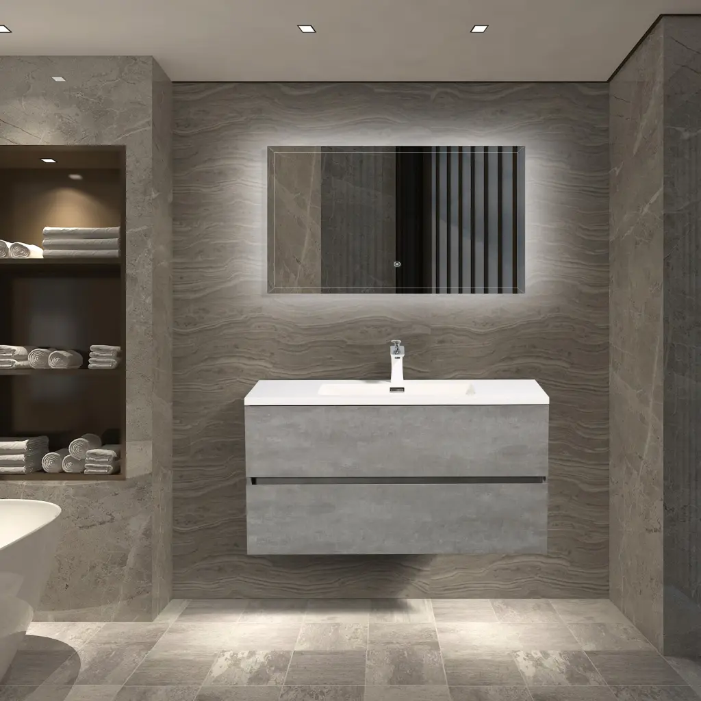 30-Inch Wall Mounted Single Bathroom Vanity Ash Gray White Solid Surface bathininc