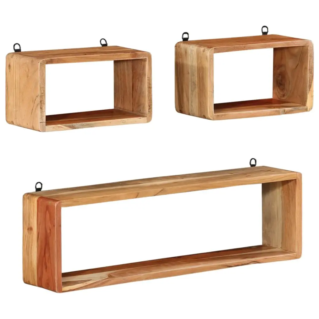 3 Piece Wall Cube Shelf Set Solid Acacia Wood Modern Storage