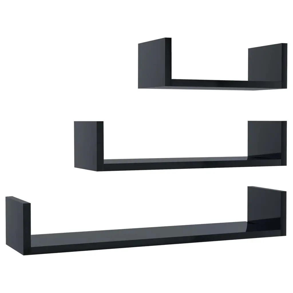 Wall Presentation Shelf 3 pcs High Gloss Black Engineered Wood Display Shelves