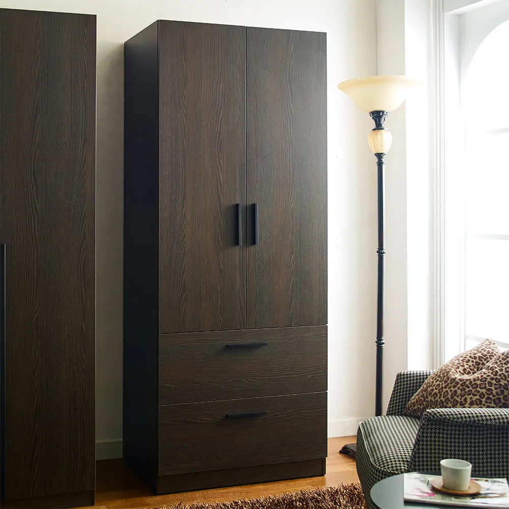 Brook Two Door Timber Closet Two Drawers and Hanging Bars Dark Brown klair living
