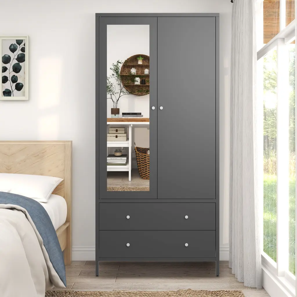 Metal Armoire Wardrobe Closet 2 Drawers Mirror Door Hanging Storage rnb