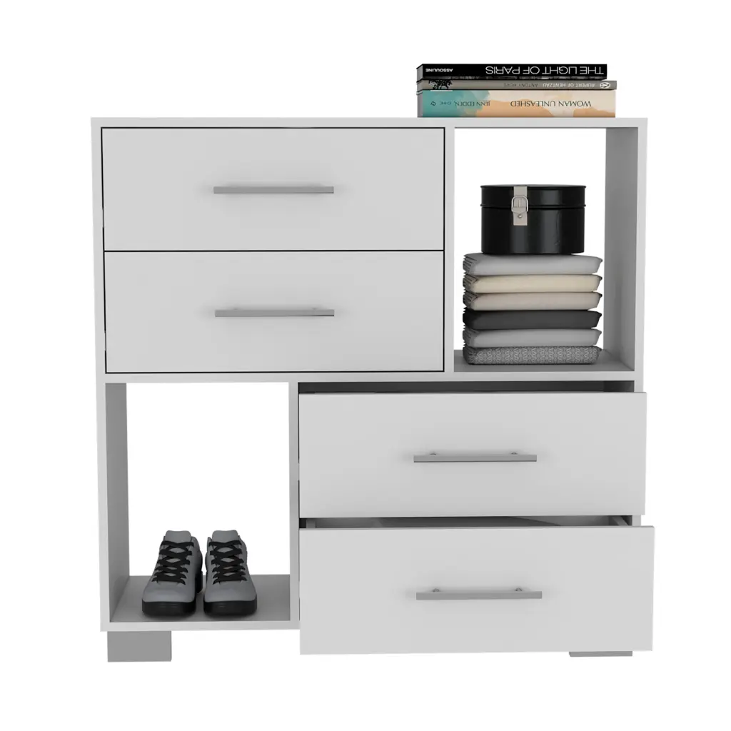 Gown Hetzs Four Drawers Two Open Shelves White Finish White Part Wardrobe Cabinet treevol furniture