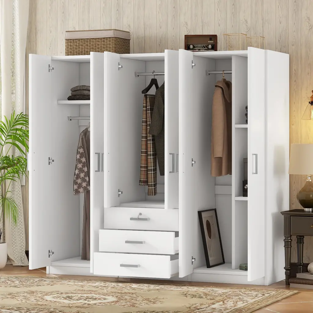 6 Doors Timber Wardrobe Storage Bedroom Big Drawers White Finish lucky home