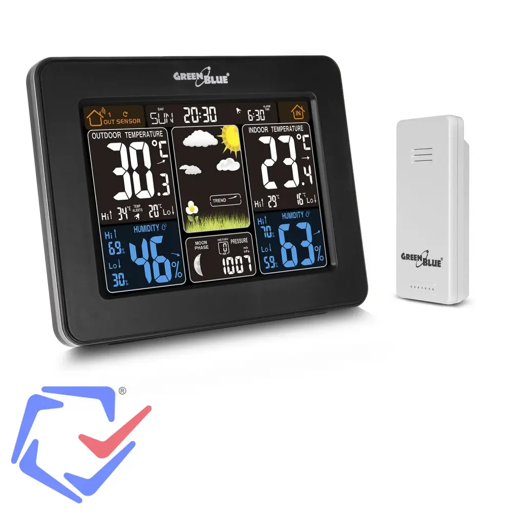 Digital Wireless GreenBlue GB 523 Weather Station DCF Alarm Display Indoor Outdoor Sensor Temperature Humidity