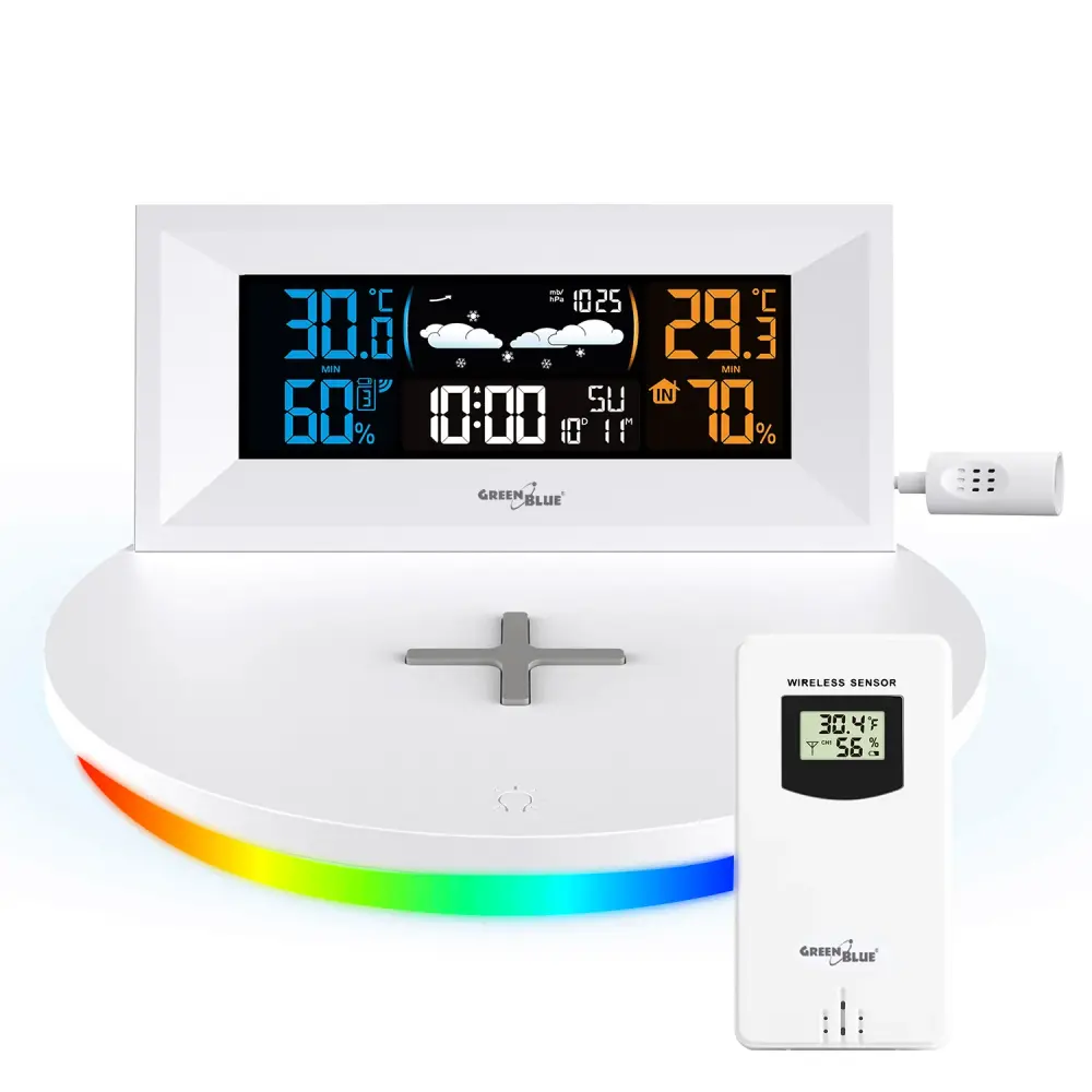 Tetherless Weather Station Wireless Qi Charger Mood Light Base Weather Forecast Calendar Alarm and Snooze External Sensor ...