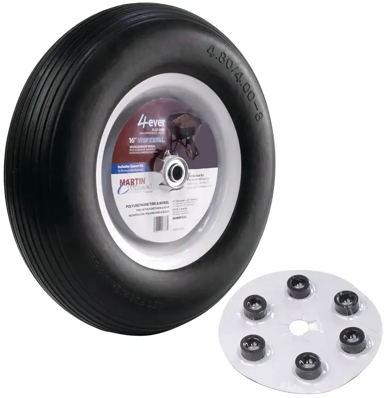 MARTIN Wheel 408RBPU32 Wheelbarrow Flat Included Wheel Universal Hub, 4.8 x 4/8 Tire, 16 Dia Tire, Ribbed Tread