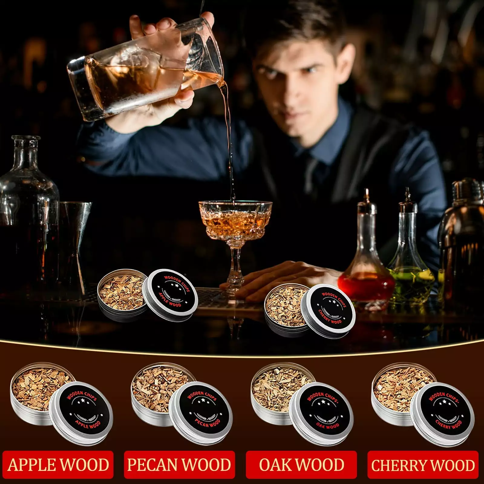 Cocktail Box Whiskey Gift Set 4 Flavors Wooden Chips Whiskey Lovers