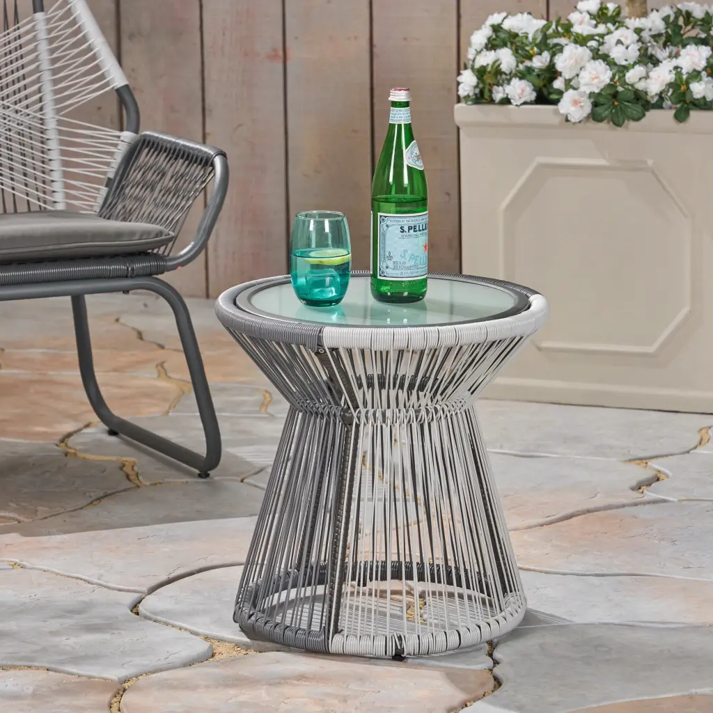Reid Outdoor Gray and White Wicker Side Table Glass Top Deck or Porch Noble House