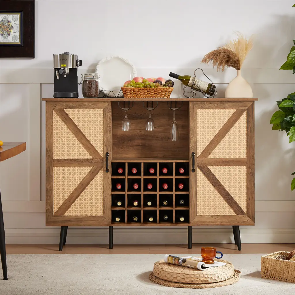 Oak Hue Faux Rattan Barn Door Wine Cabinet Wine Rack And Wine Glass Holder rnb