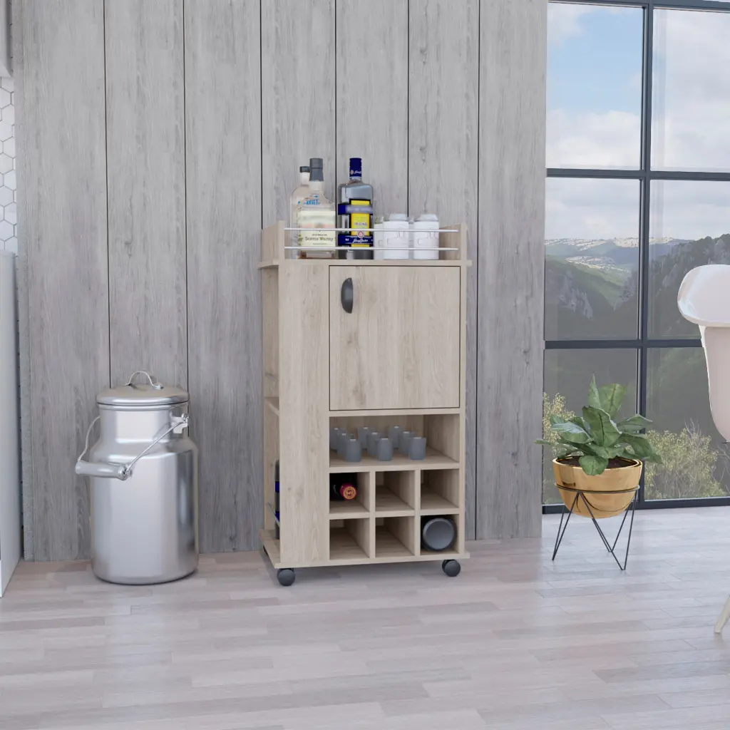 Fargo Bar Shopping Basket Cabinet, 6 Built- Wine Rack and Casters Grey tuhome