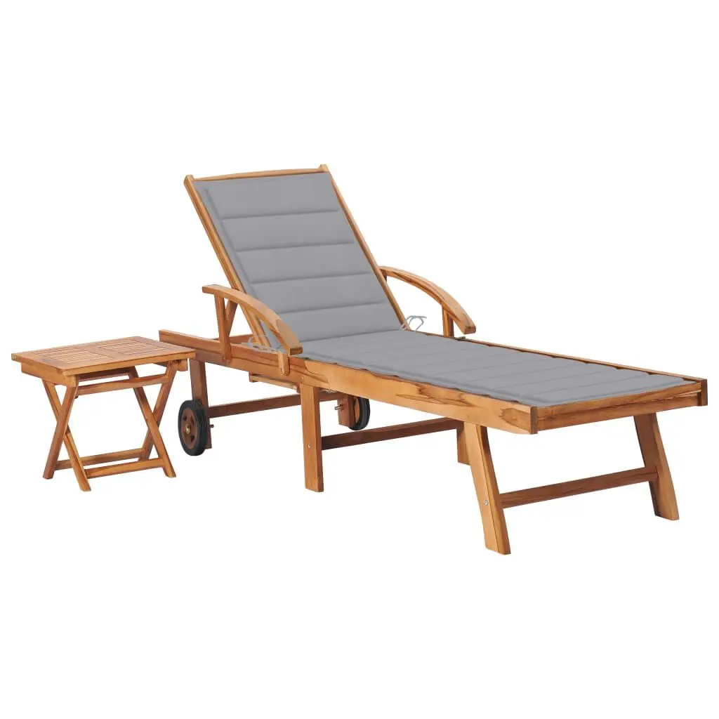 Sun Lounger Table and Cushion Solid Teak Wood Outdoor Patio Furniture