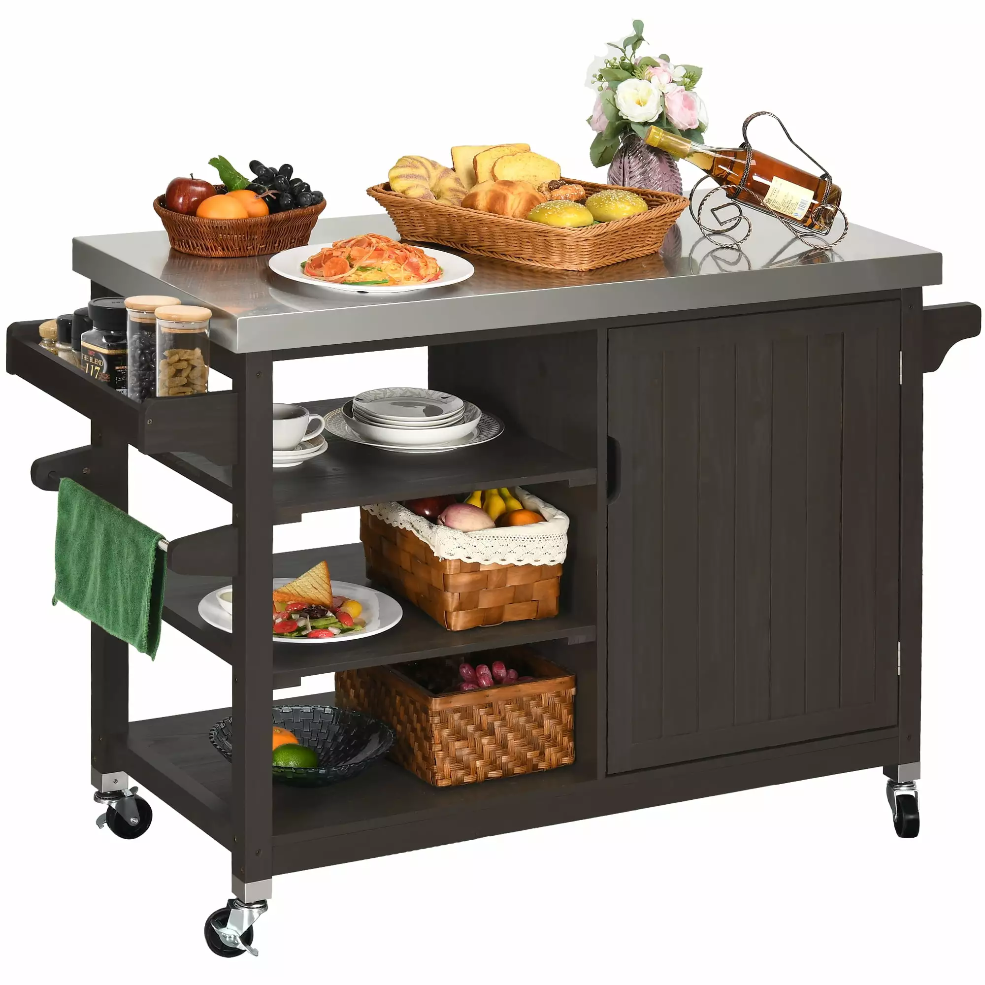 Dextrus Grill Carts Outdoor Storage Cabinet Wheels Solid Wood Movable Dining Cart Table Stainless Steel Top Spice Rack