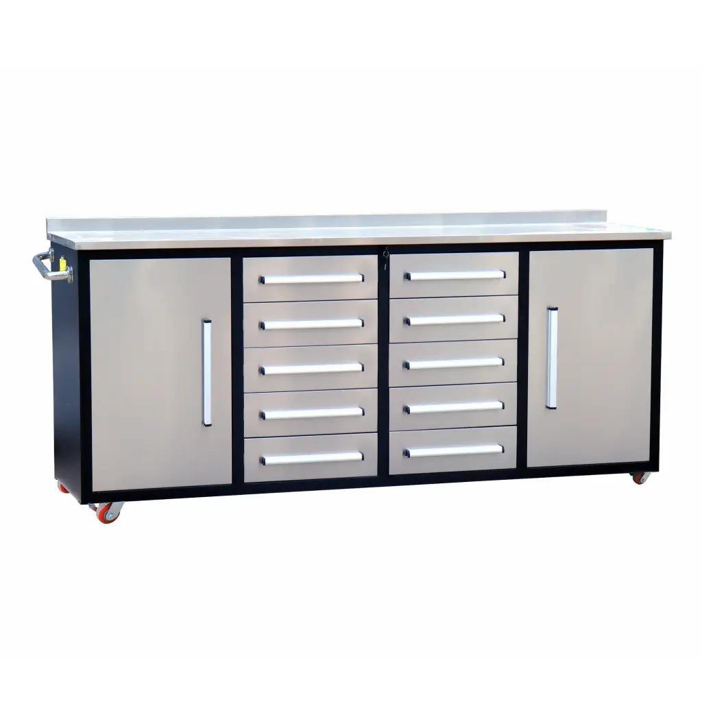 7Ft Storage Cabinets Workbench 10 Drawers & 2 Cabinets Shiny Metal Garage or Workshop chery